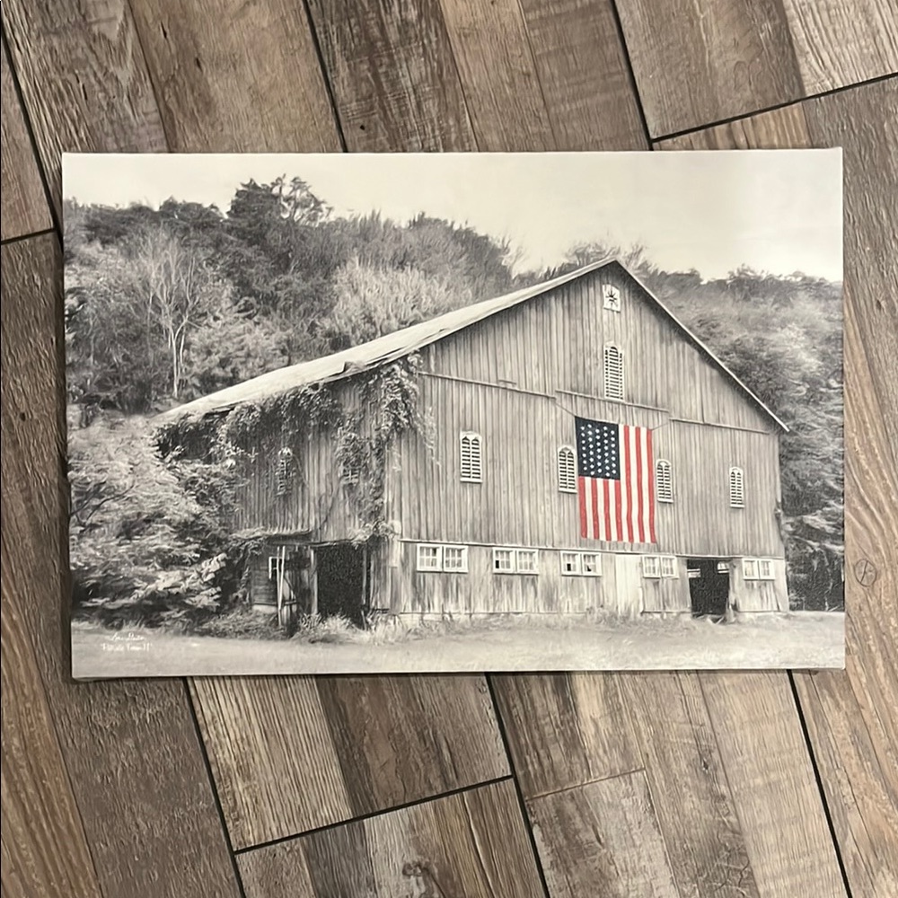18” X 12” Canvas with barn & American Flag